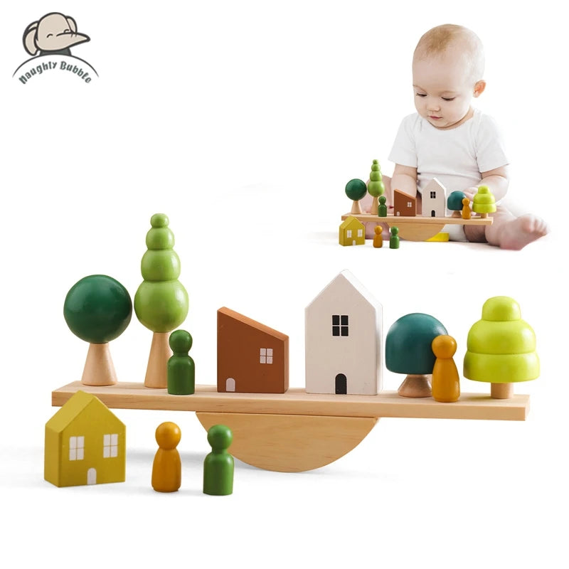 Montessori Sensory Toys Stacking Toys for Baby Forest Houses Replica Wooden Forest Blocks Early Childhood Education Game Gift