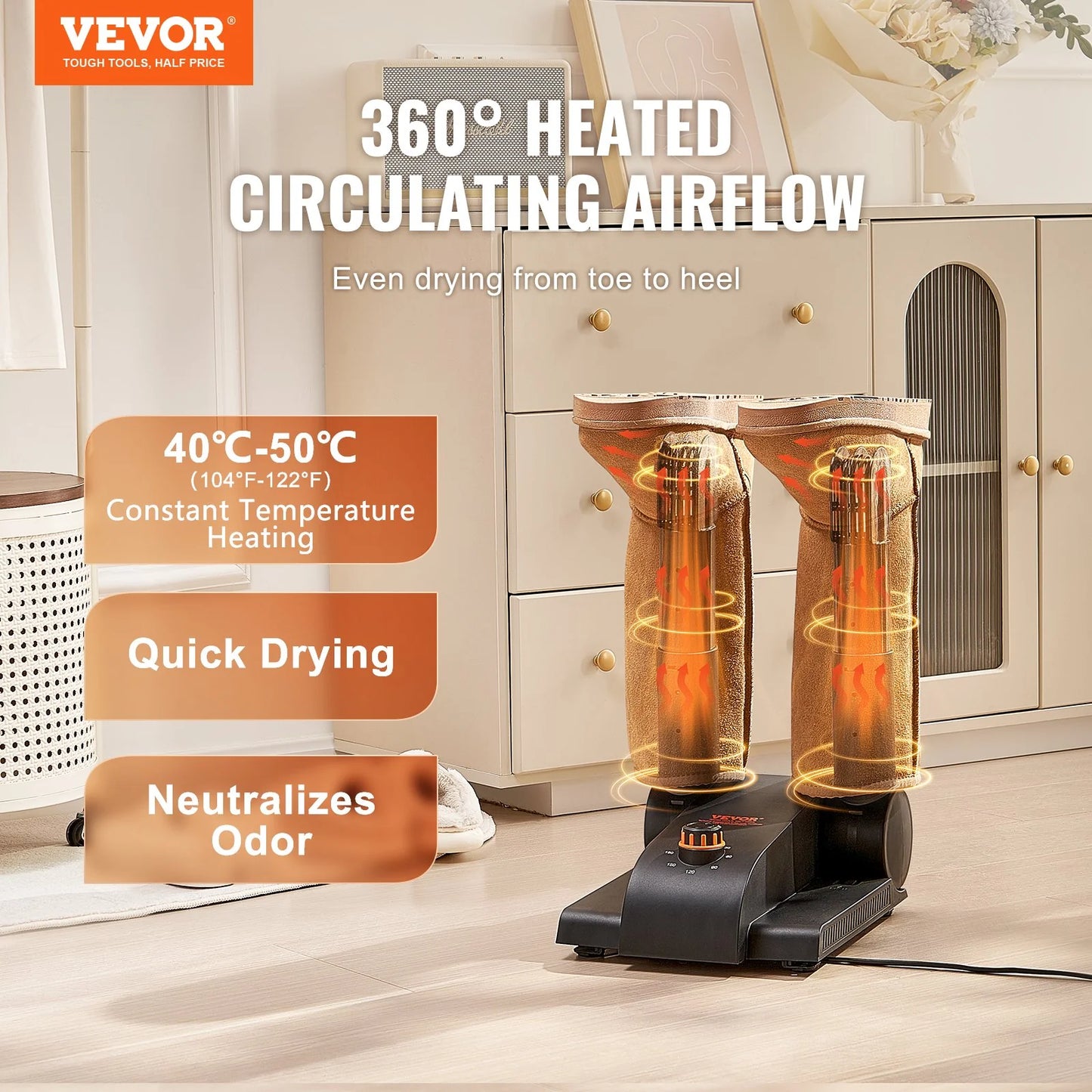 VEVOR 180¡Ã Foldable 2-Tube Shoe Dryer Boot Dryer with Heat Blower Black & Orange,Ultra Silent, Quick Drying for Work Boots, Ski Boots, Sneakers, Gloves, Hats, Helmets