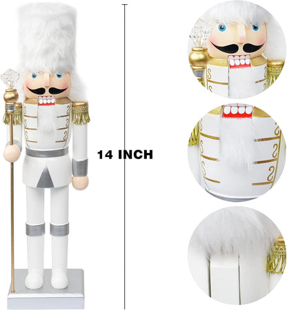 14" Christmas Decorative Nutcracker Figures, Handmade Wooden Soldier in White Uniform Hold Scepter, Festive Collectible Nutcracker Gift for Indoor Winter Table Desktop Fireplace Decorations