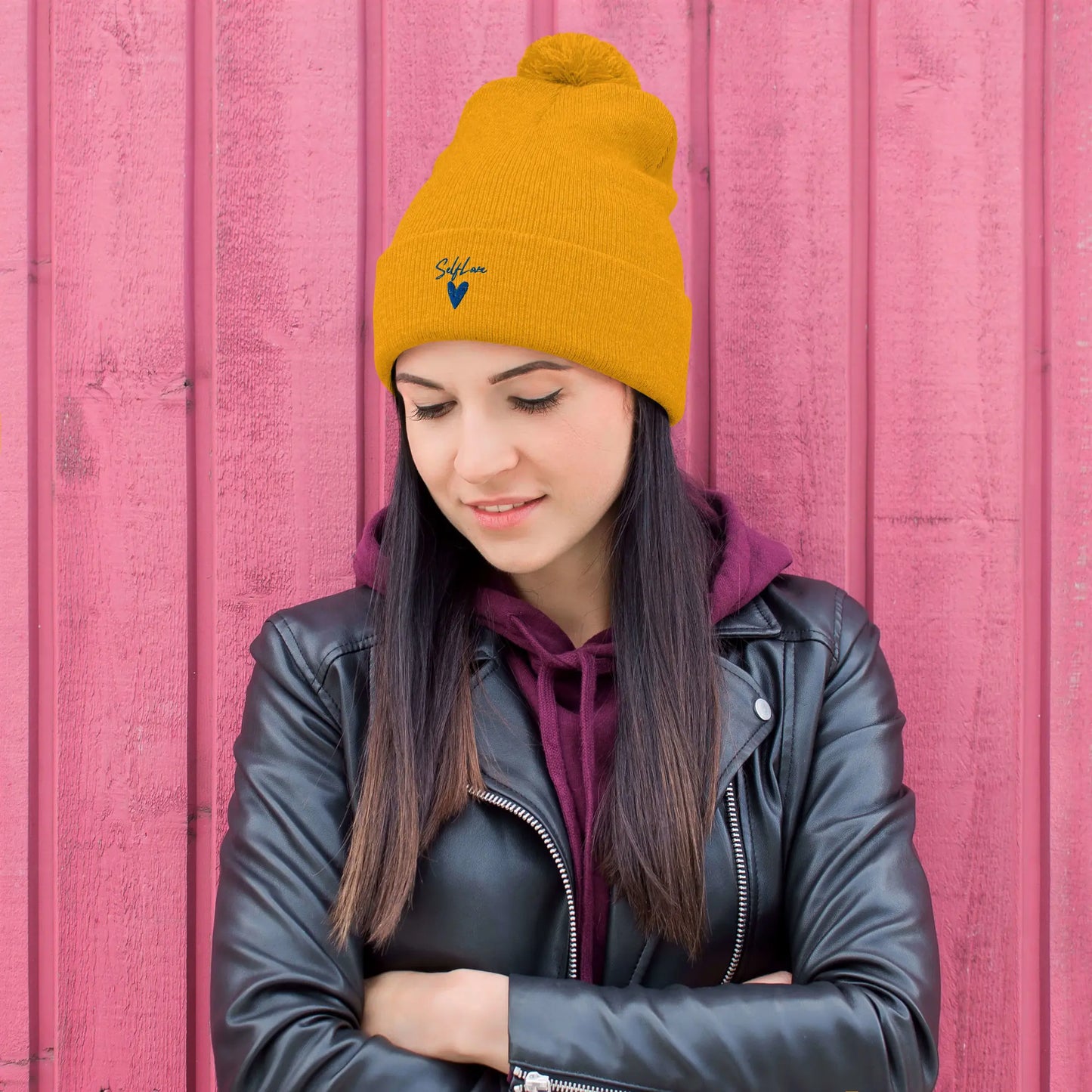 Self Love - Pom-Pom Beanie - Winter Beanie with Embroidery