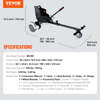 VEVOR Hoverboard Seat Attachment, Compatible with All 6.5 8 8.5 10 Hoverboards, Grips Control, Adjustable Frame Length and 220 LBS Load Capacity, Hover Board Go Karts Accessory, for Kids Adults