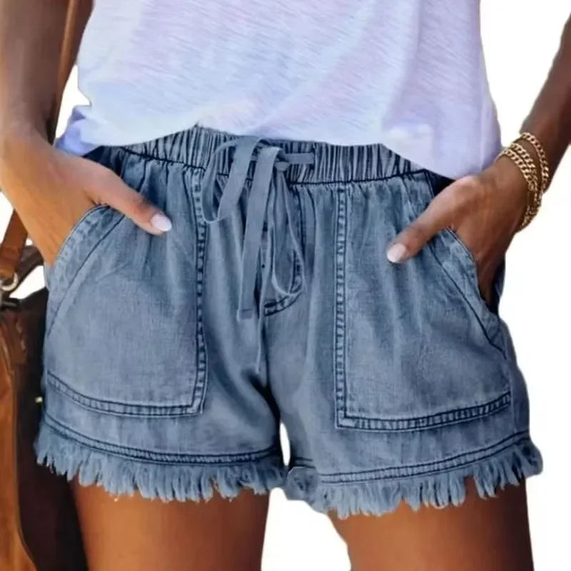 2023 New High Waist Elastic Waist Casual High Waist Slim Shorts Jeans Summer Women'S Loose Straight Shorts Women Clothing