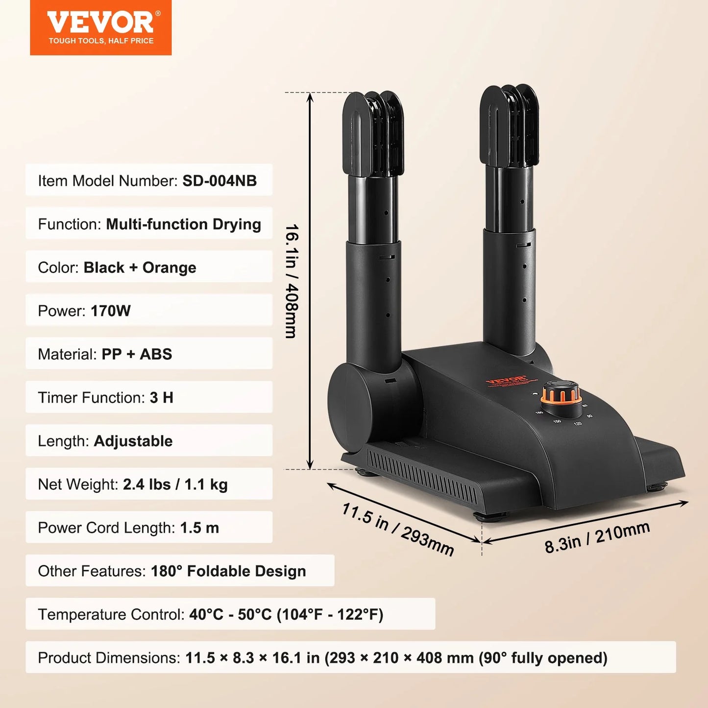 VEVOR 180¡Ã Foldable 2-Tube Shoe Dryer Boot Dryer with Heat Blower Black & Orange,Ultra Silent, Quick Drying for Work Boots, Ski Boots, Sneakers, Gloves, Hats, Helmets