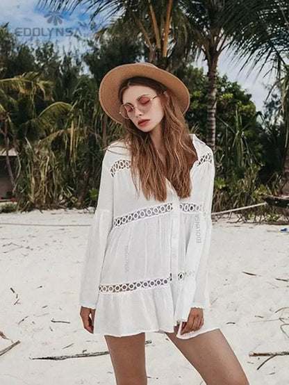 Women Swimsuit Cover Ups Mandarin Sleeve Kaftan Beach Tunic Dress Robe De Plage Solid White Pareo Beach Cover-Ups #Q429