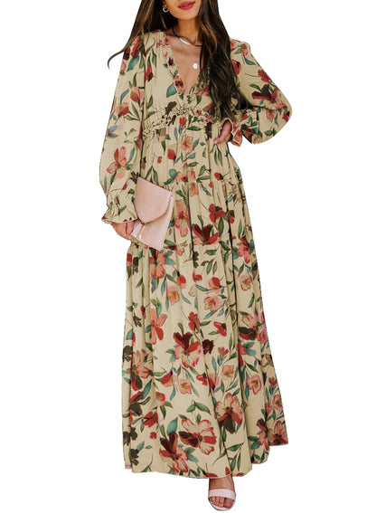 Women'S Apricot Floral Maxi Dresses Casual Deep V Neck Long Sleeve Evening Dress Cocktail Party Dress for Women, US 12-14(L)