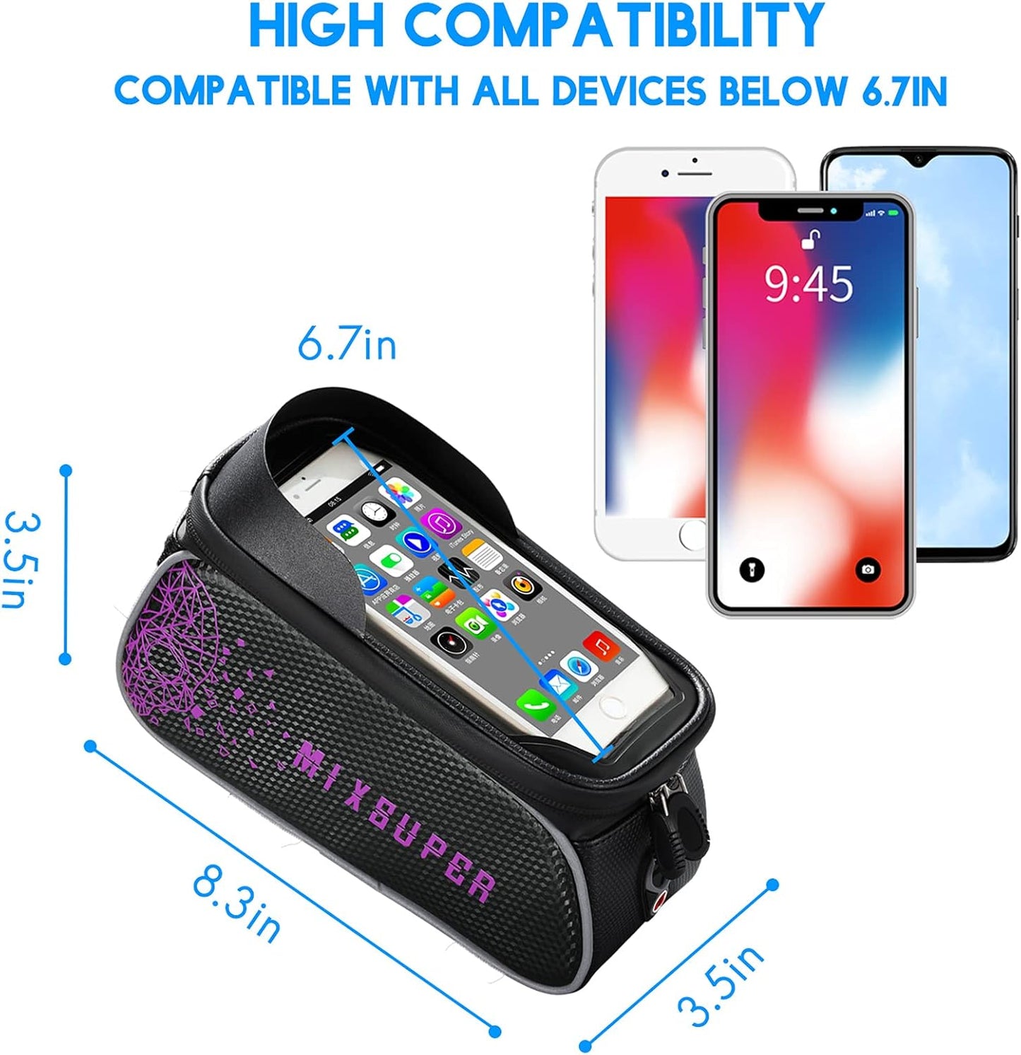 Waterproof Bike Top Tube Bag, Bike Phone Front Frame Bag Compatible with Phone under 6.7"