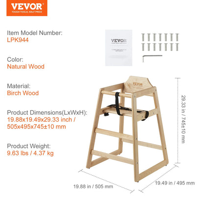 VEVOR Wooden High Chair for Babies & Toddlers, Double Solid Wood Feeding Chair, Eat & Grow Portable High Chair, Easy to Clean Baby Booster Seat, Compact Toddler Chair, Natural