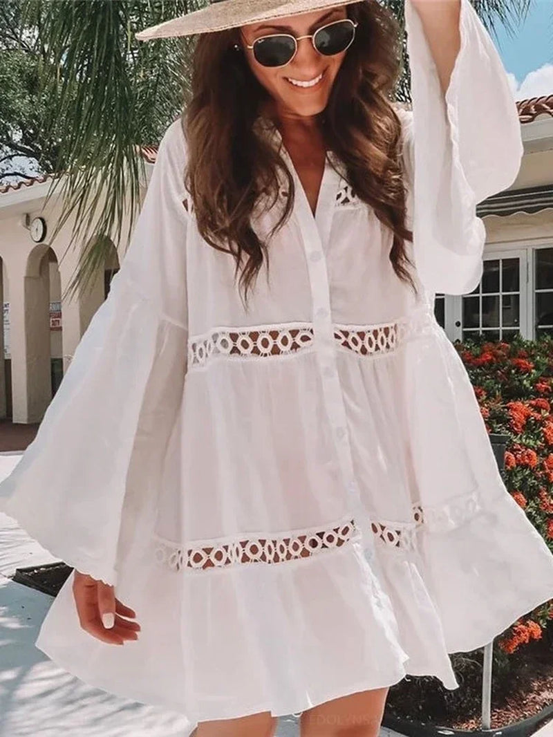 Women Swimsuit Cover Ups Mandarin Sleeve Kaftan Beach Tunic Dress Robe De Plage Solid White Pareo Beach Cover-Ups #Q429