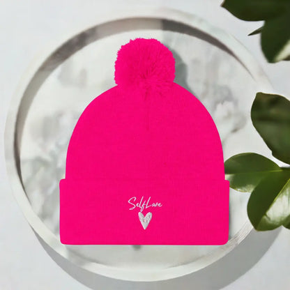 Self Love - Pom-Pom Beanie - Winter Beanie with Embroidery