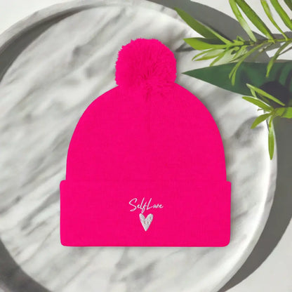 Self Love - Pom-Pom Beanie - Winter Beanie with Embroidery