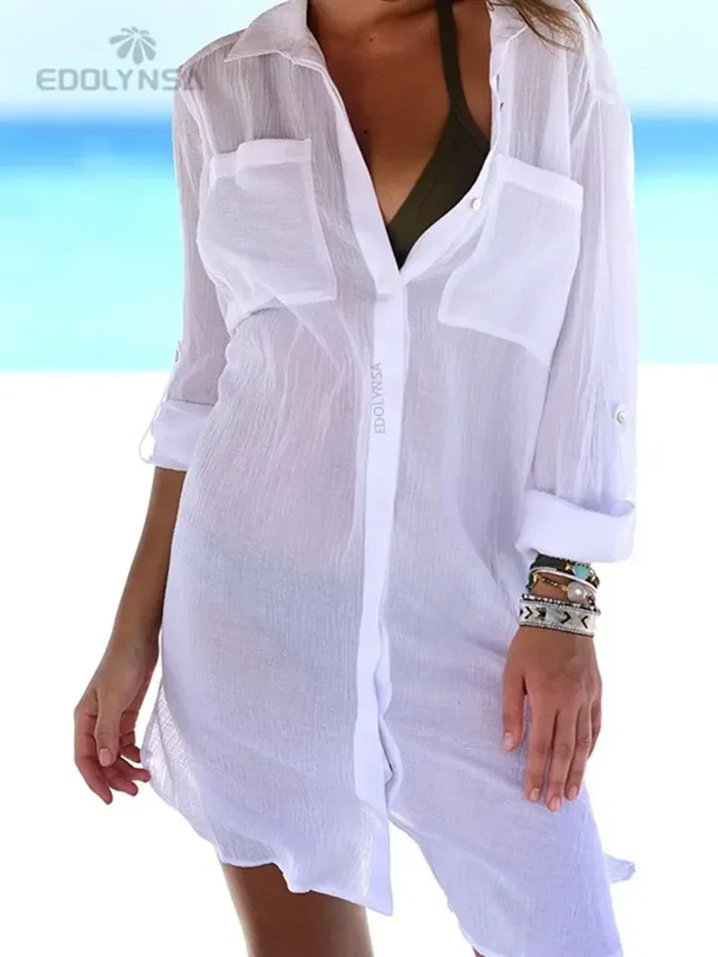 Women Swimsuit Cover Ups Mandarin Sleeve Kaftan Beach Tunic Dress Robe De Plage Solid White Pareo Beach Cover-Ups #Q429