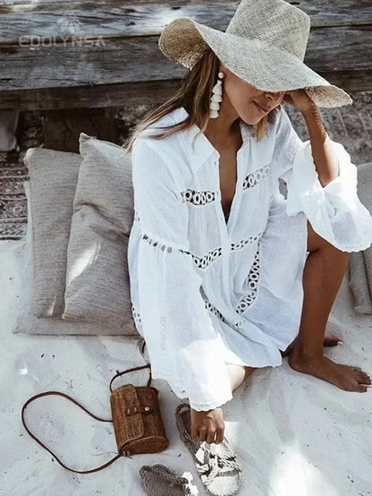 Women Swimsuit Cover Ups Mandarin Sleeve Kaftan Beach Tunic Dress Robe De Plage Solid White Pareo Beach Cover-Ups #Q429