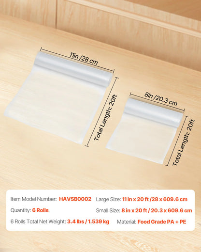 6 Rolls Vacuum Sealer Bags 11 in X 20 Ft & 8 in X 20 Ft Customizable Non-Bpa Bag